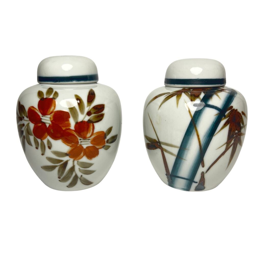 Vintage Mid Century Japanese Ginger Jars Lidded Pair Hand Painted Floral Bamboo